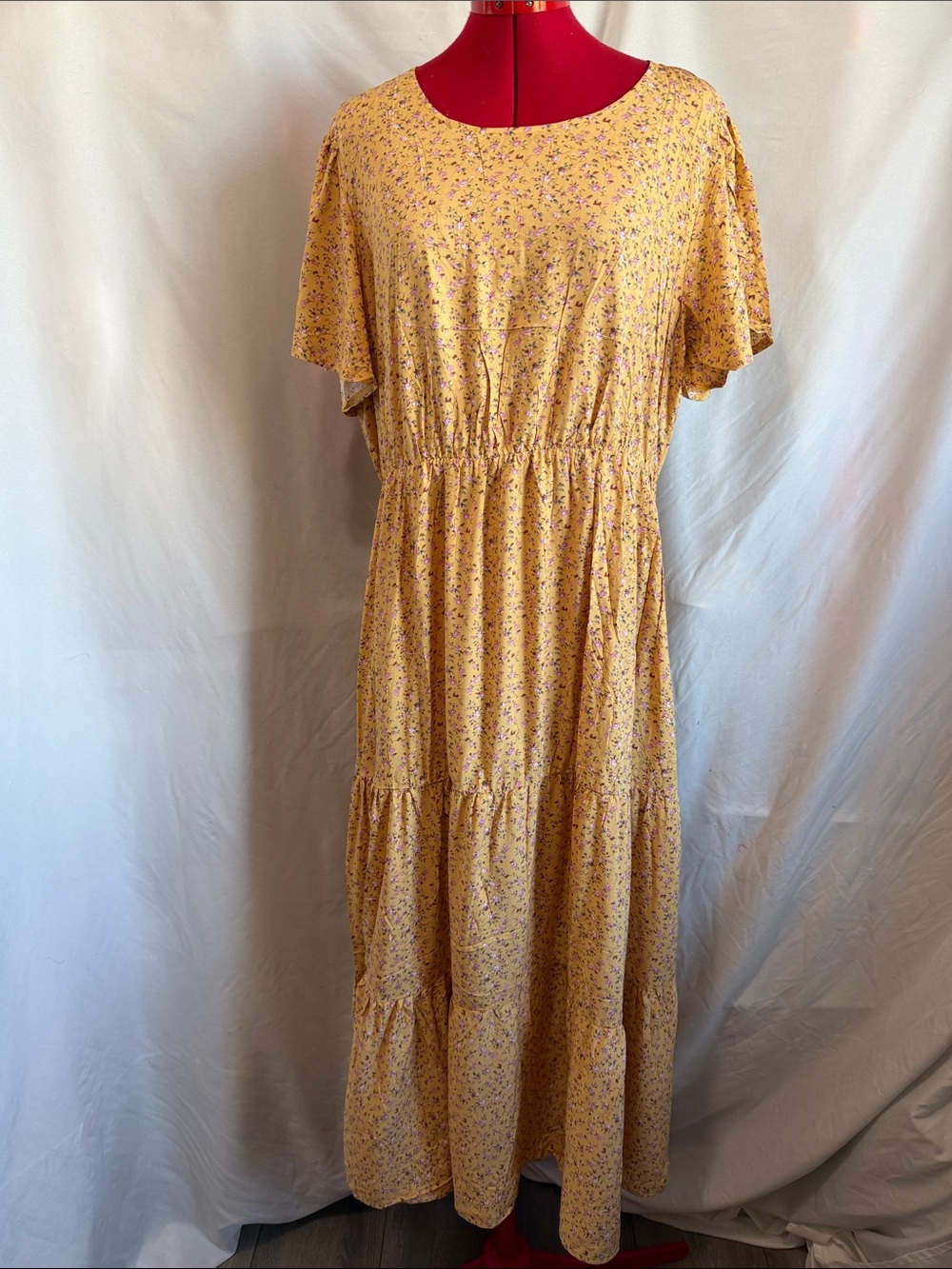 Yellow Floral Tiered Maxi Dress with Elastic Waist